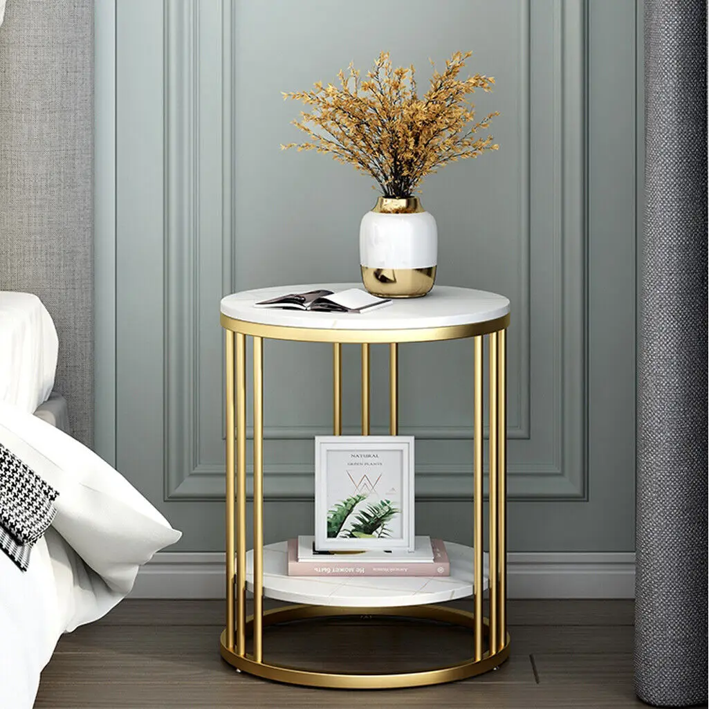 2-Tier White Marble Side Table Round Coffee Table Nightstand Jewellery Storage — view 3