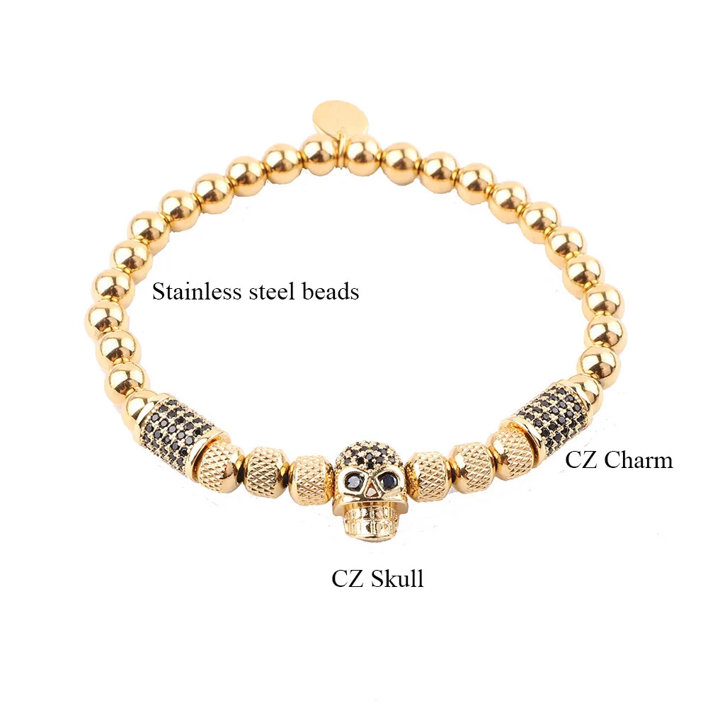 New Fashion Luxury CZ Pave Skull Charm Stainless Steel Beads Stretch Bracelet For Men Jewelry