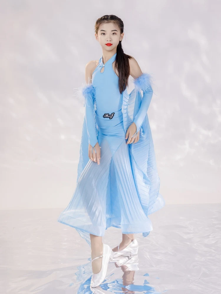 Girls Blue Ballroom Dancing Dresses Off-Shoulder Bodysuit Skirt Feather Gloves Waltz Tango Dancing Competition Costume VDB7855