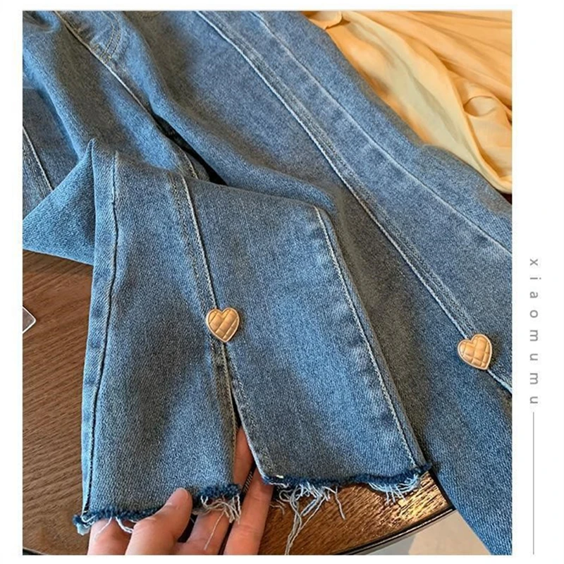 귀여운 하트 장식 소녀 데님 바지 패션 어린이 청바지, 탄성 데님 플레어 바지, 용수철 단색  청바지