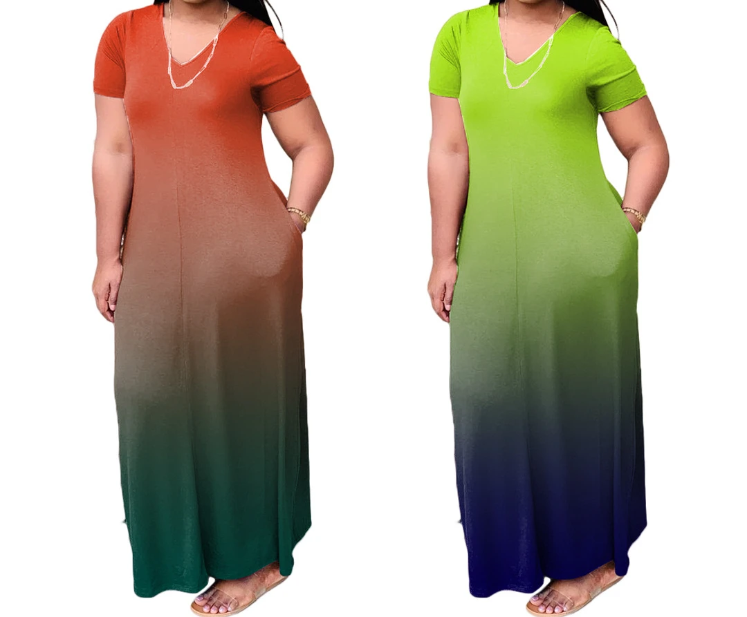 

Women's Loose Dress 2023 Fashion Female Crew Neck Short Sleeve Pocket Gradient Color Dresses Ladies Vestidos