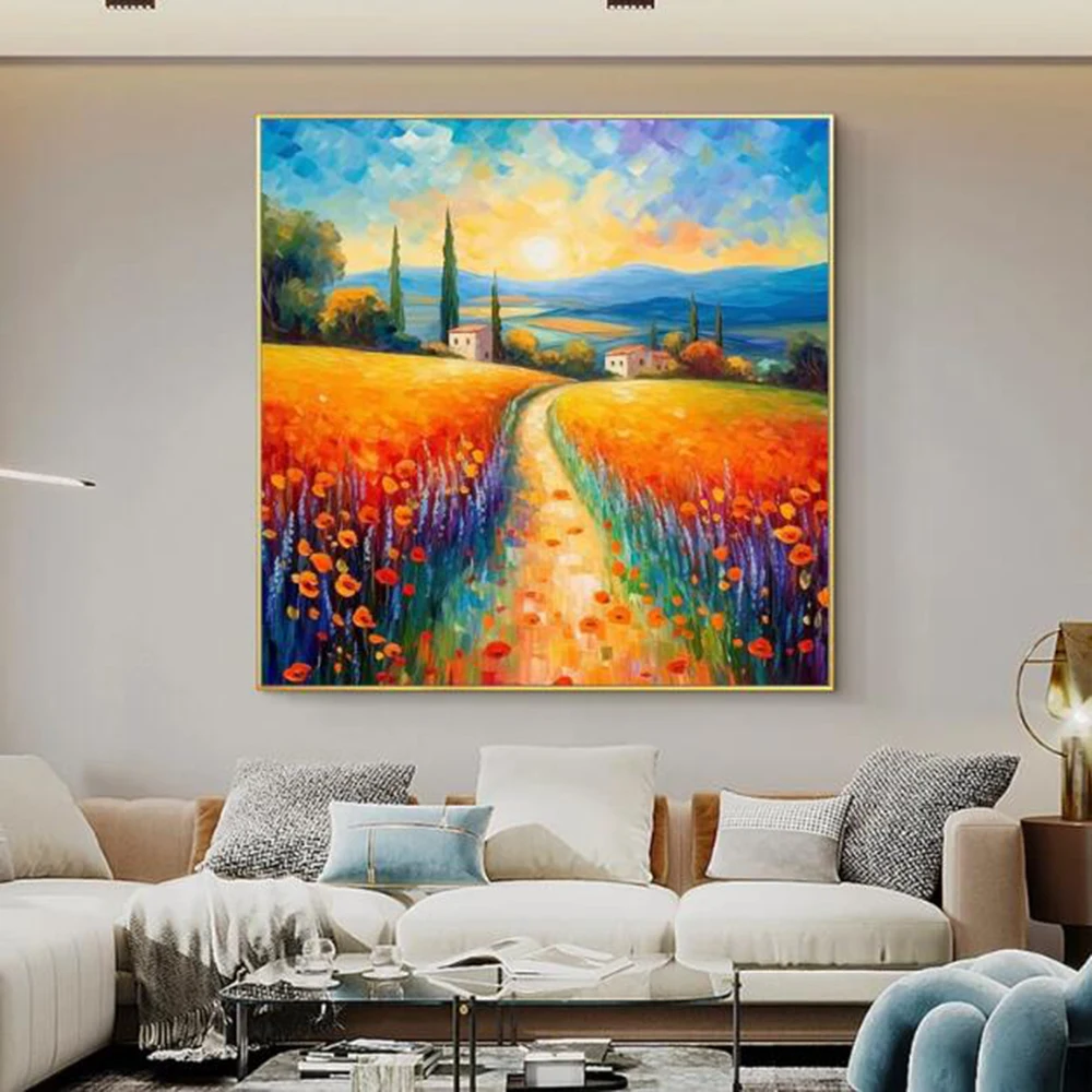 

Hand Painted Oil Painting Original Painting On Canvas Abstract Red Flowers Oil Painting Field Scenery Painting Living Room Decor