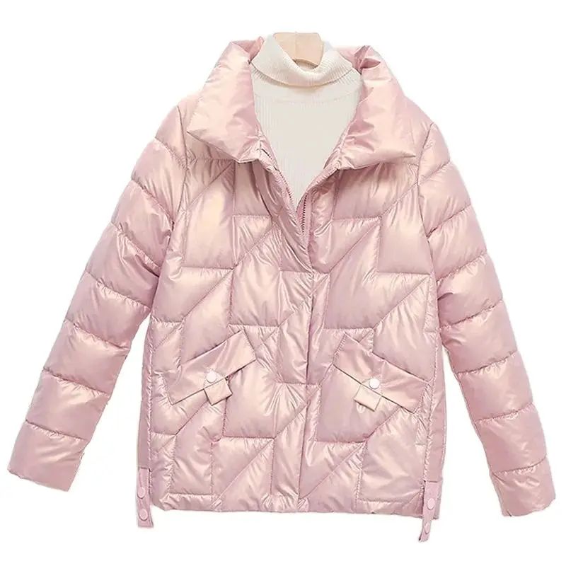 

Однотонное блестящее короткое пуховое хлопковое Пальто 4XL, Женская Корейская парка, свободная зимняя хлопковая куртка на молнии, стеганые теплые пальто, 2023