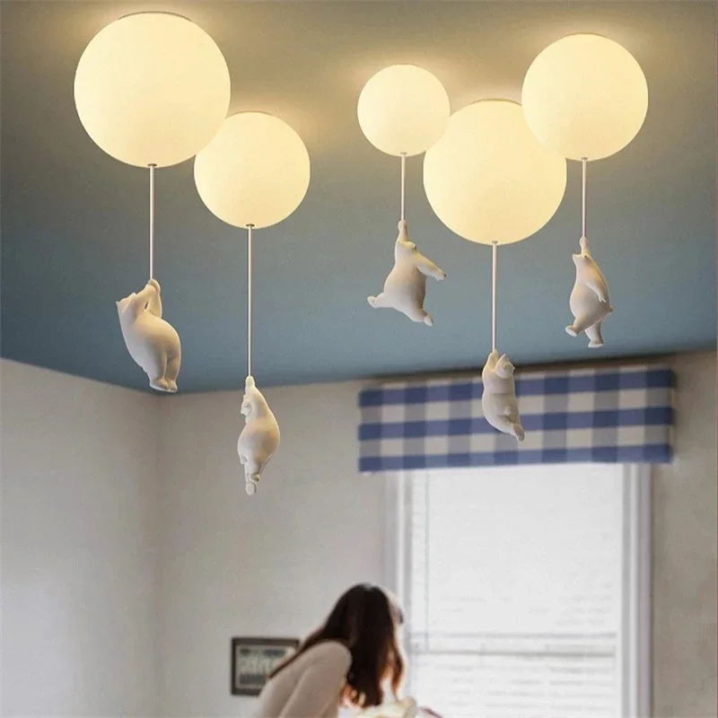 

Modern Polar Bear Pendant Chandelier Creative Mike White Glass Ball Resin Indoor Kid Children Kindergarten Hanging Led Lamp