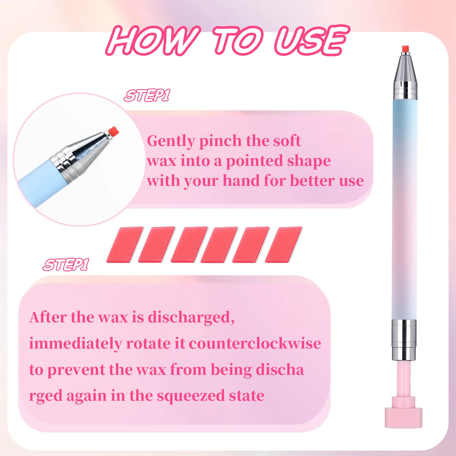1Pc Nail Art Decoration Wax Dotting Pen For DIY Manicure Self-adhesive Rotary Nail Rhinestone Picker Pencil With 6Pc Replace Wax 4