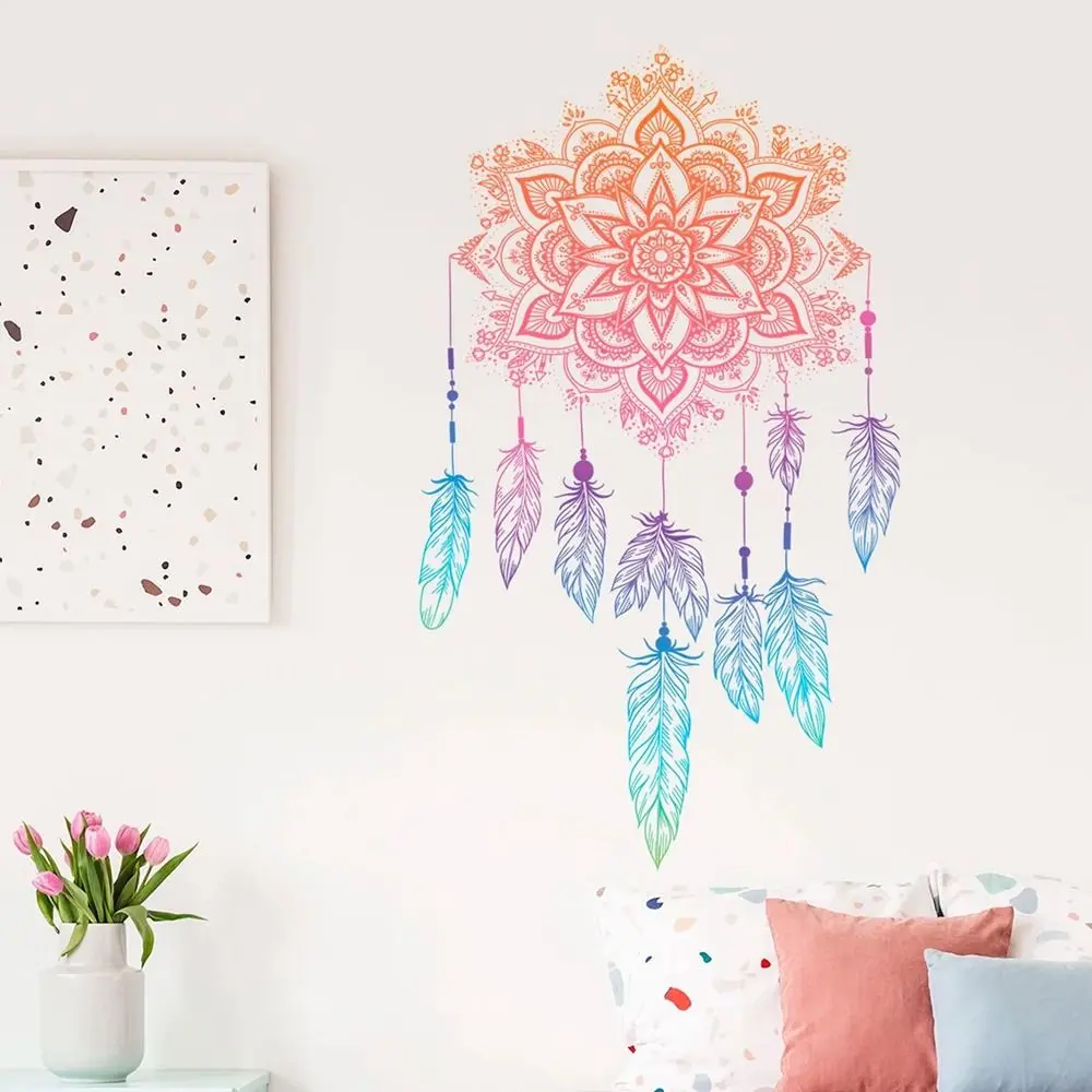 

1pcs lotus feather pattern wall sticker Bohemian PVC wallpaper sticker self-adhesive decoration for home bedroom beautification