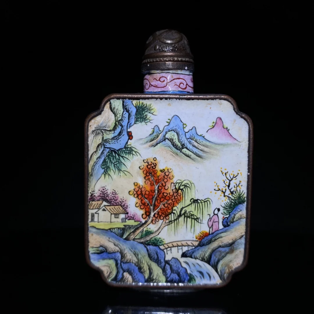 

Exquisite Copper Painted Enamel Cloisonne [Landscape Figures] Double-Sided Art Snuff Bottle Decoration