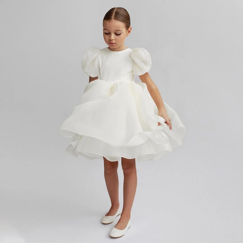 Girls Dress Princess Costume Kids Clothes Flower Girls White Dresses for Wedding Backless Elegant Kids Birthday Party Gala Dress Puff Sleeve Children Communion Costume