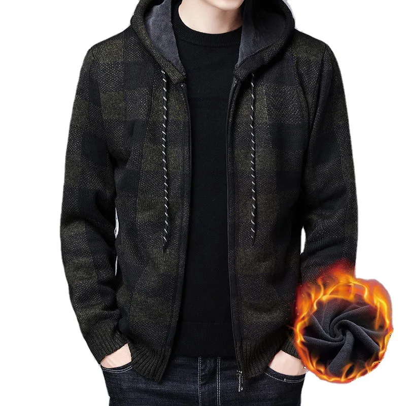Winter 2023 New Men's Fleece Thickened Cardigan Knit Sweater Male Loose Warm Hooded Add Wool Jacket Coat Clothing