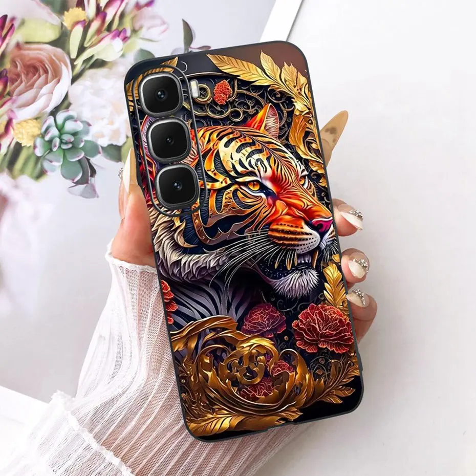 Enhanced Black Silicone Soft Phone Case with Cool Dragon, Wolf, and Tiger Design