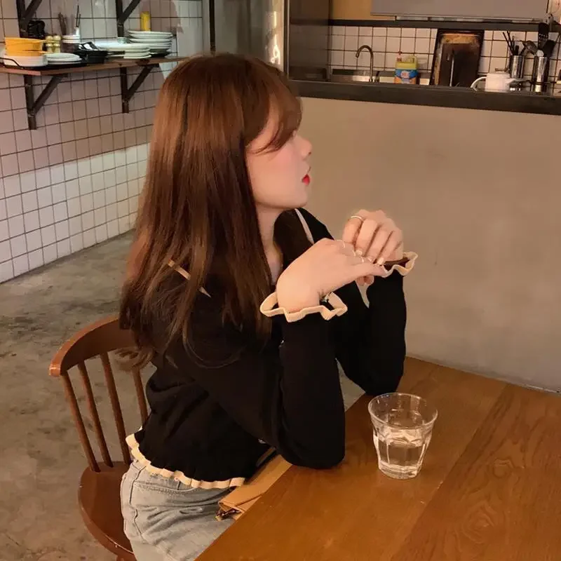프렌치 스타일 크롭 라펠 이너 슬림 니트 상의, 긴팔 스웨터, 폴로 칼라, 베이스레이어 상의, 가을 겨울