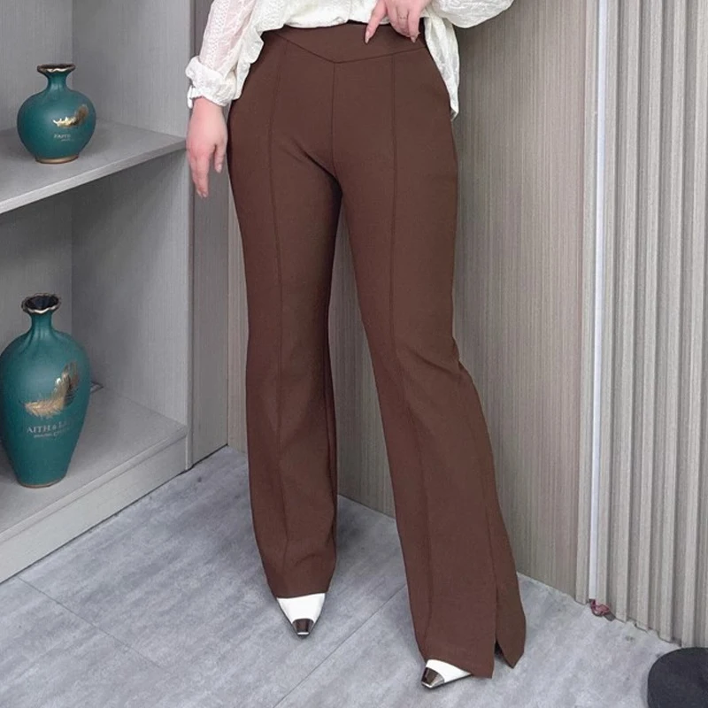 Plus Size Women's Black Flared Trousers With Slit Hem High Waist Casual Slim Draped Pants For Pear-Shaped Body Spring/Fall Chic
