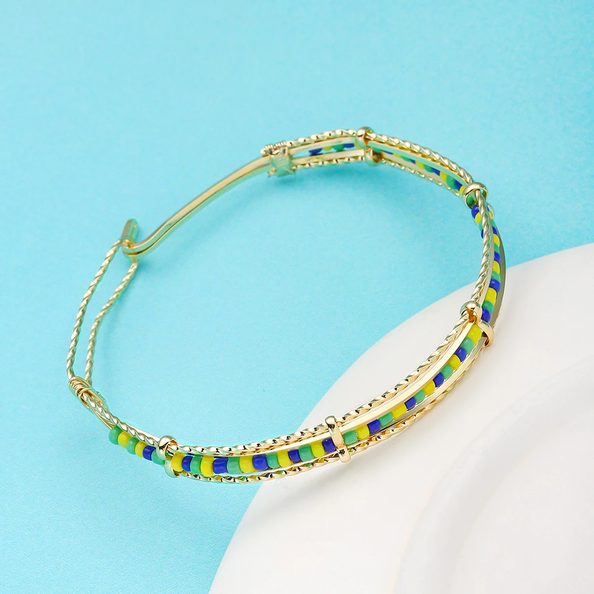 G&D Ourla Bohemia Oshun Beads Bangle for Women Gift Gold Plated Babalawo Green and Yellow Beads Bangle Orula Bracelet 2