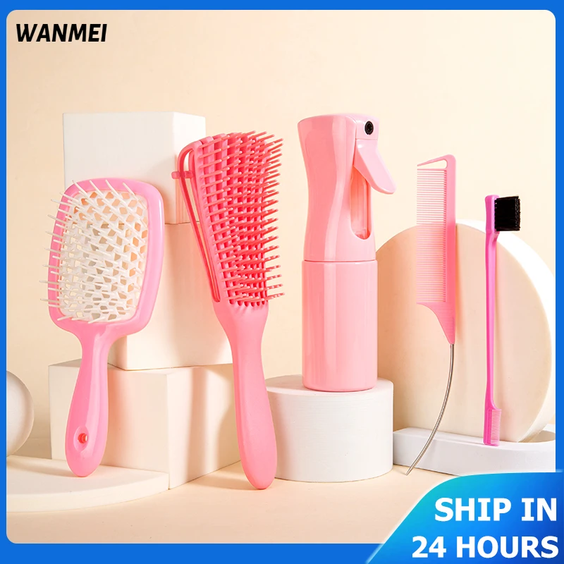 5pcs/set Detangling Hair Brush Curly Hair Curved Rat Tail Comb Set Untangle Hair Brush Salon Professional Hairdressing Tools