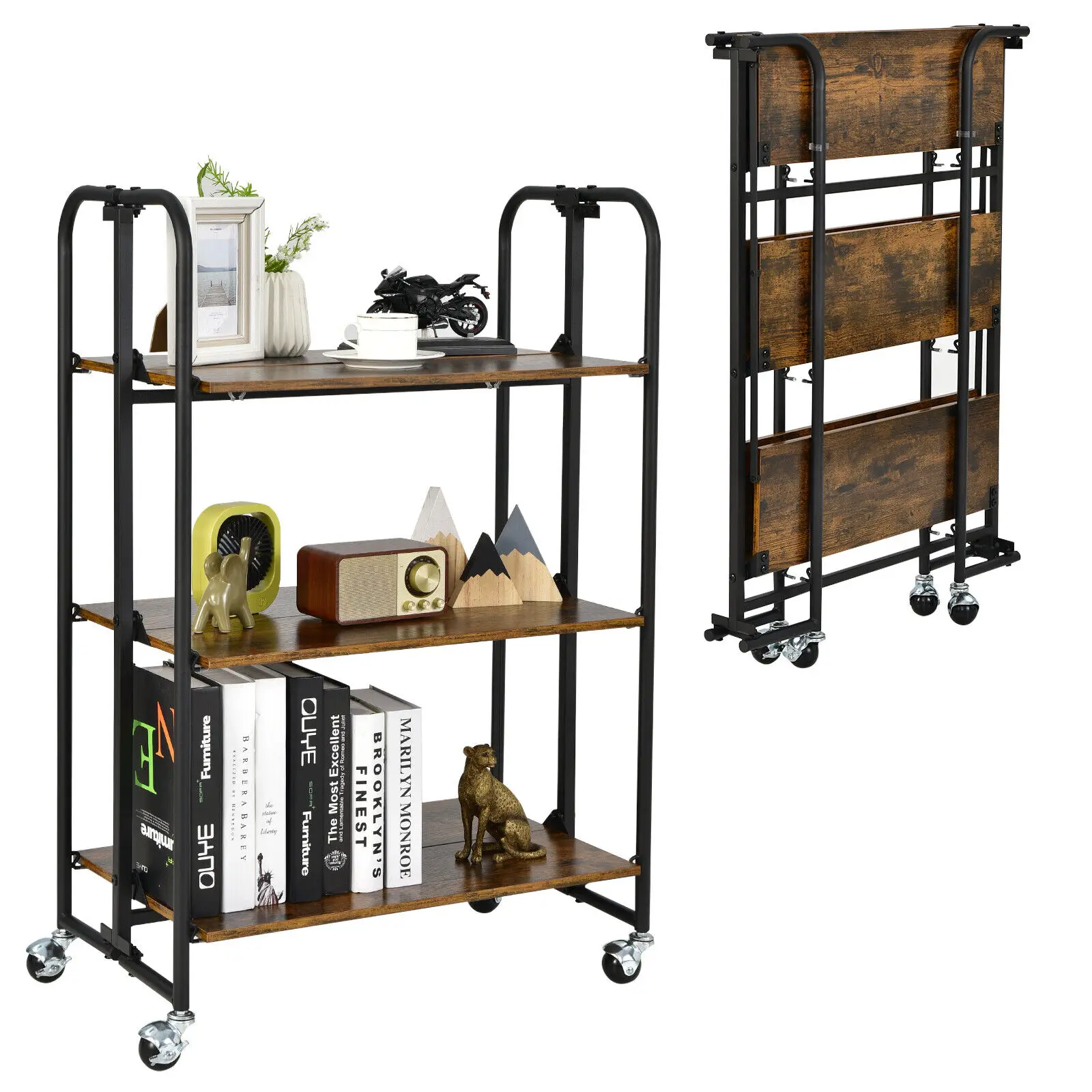 

Costway 3-Tier Folding Bar Cart Kitchen Serving Island Utility Cart Storage Shelves
