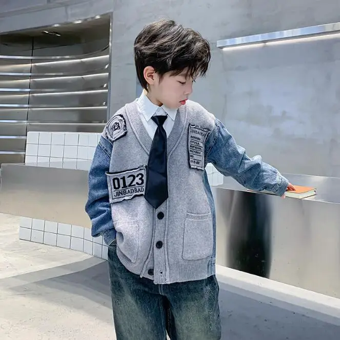 boys denim patchwork coat autumn spring cotton full sleeve high quality kids jacket 4-10t F140