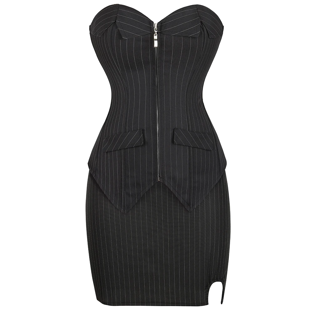 Corset Bustier Tops 3 Pcs Set Front Zipper Pinstripe with Mini Skirt for Party