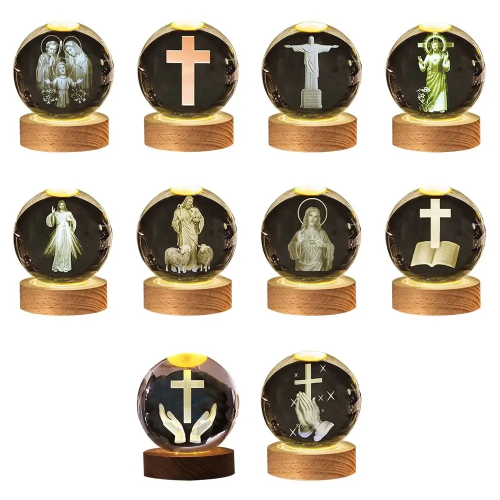 Handicraft USB Light Wooden Crystals Glass Ball LED Display Stand 3D Night Light Church Event Souvenir USB Light Handicraft