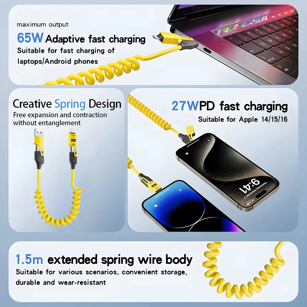 4 in 1 65W Spring USB Cable 6A Fast Charging Telescopic Cord for IPhone13 15 16 17 Pro Max Type C Quick Charger Wire for Samsung