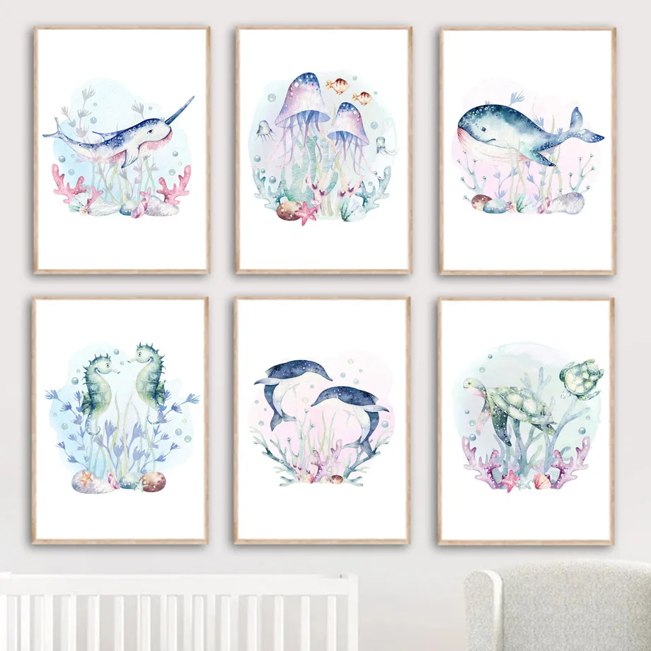 WhaleJellyfishTurtleDolphinCoralOceanAnimalWallArtPrints