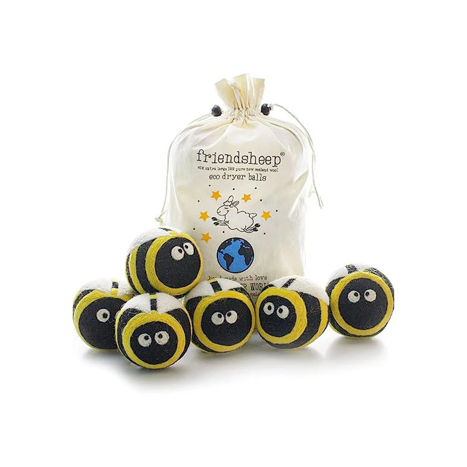 Honey Bee Wool Dryer Balls, (7 cm/2.7 in) Dryer Balls, Reusable Premium Natural Fabric Softener
