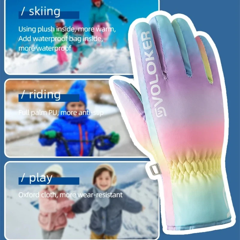 Children's Skiing Warm Gloves with Neutral Style, Winter Wool Lining, Anti Slip Outdoor Belt, Side Pull Waterproof Material