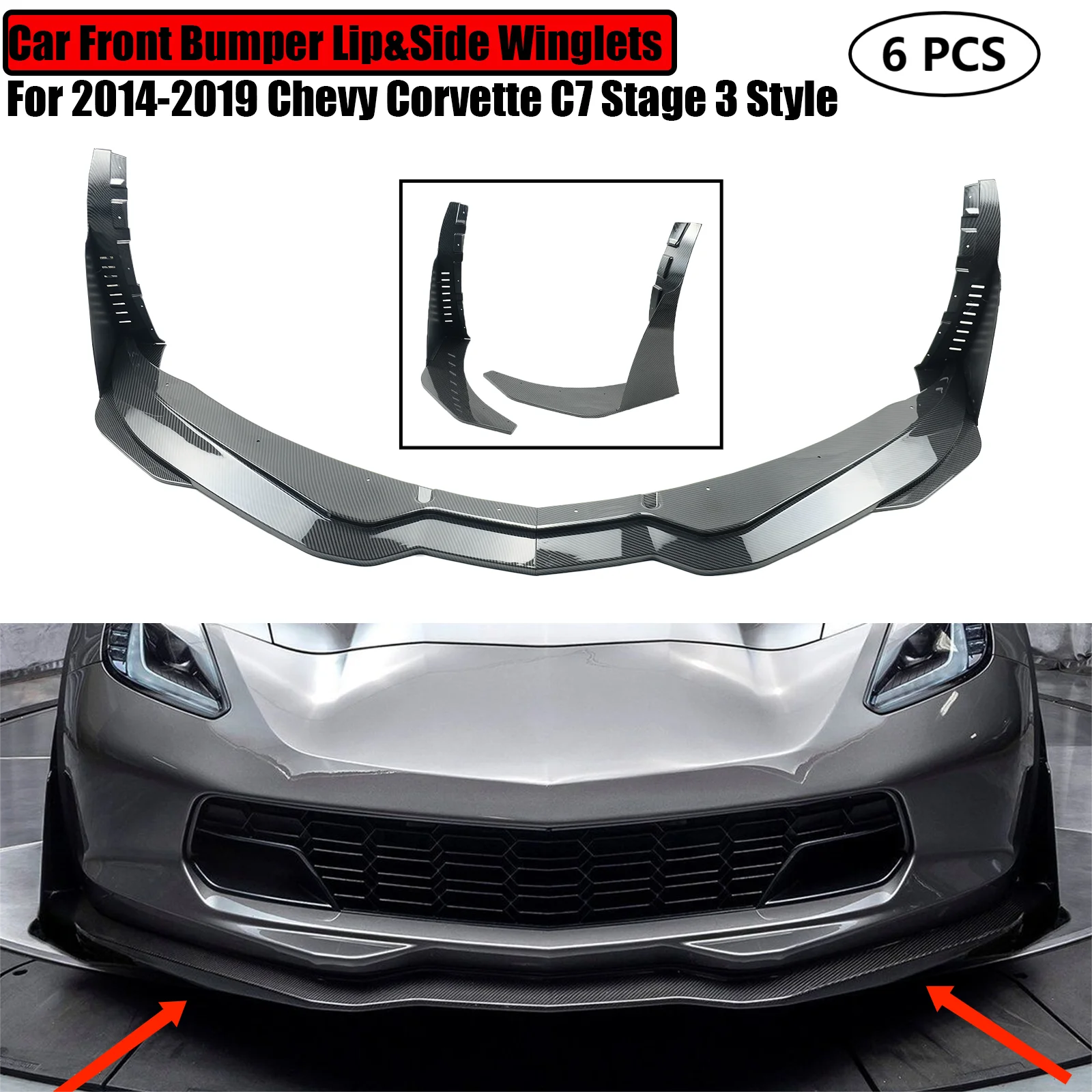

Автомобильный передний бампер губа и боковые крылья спойлер сплиттер углеродный вид глянцевый матовый черный для 2014-2019 Chevy Corvette C7 этап 3 стиль