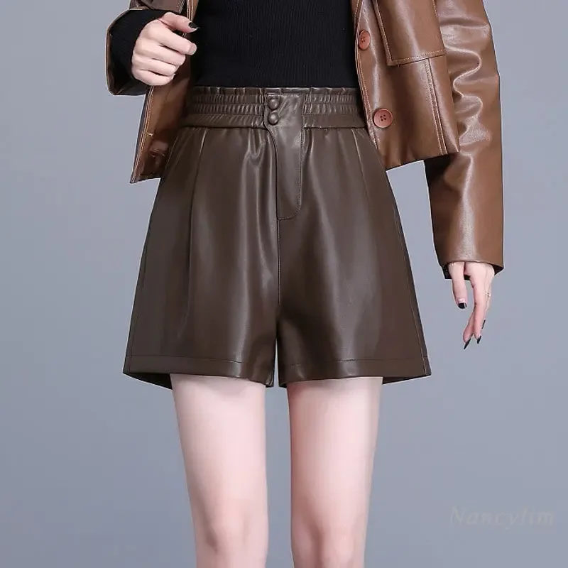 Grey Leather Shorts Womans 2023 Autumn Winter New Genuine Leather Elastic Waist Wide Legs Sheepskin Outerwear Bootcut Shorts