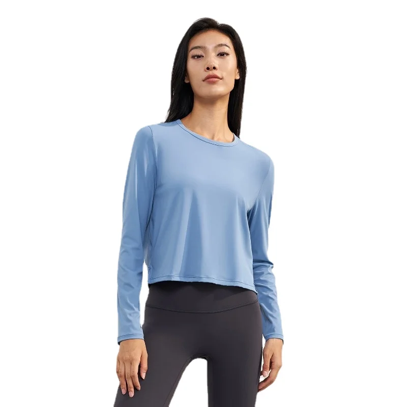 

Women Short Loose Fit Long Sleeve Yoga Crop Tops Naked Fitness Running T- Shirts Gym Blouses Sports Tee Pullover Black