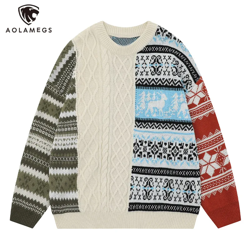 

Vintage Ethic Style Jacquard Patch Colorblock Sweater for Men Oversized O-neck Rib Sleeve Knit Pullover Fashion Couple Knitwear