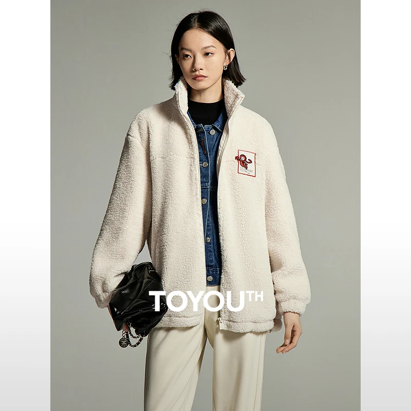 

Toyouth Women Imitation Lamb Plush Jacket 2023 Winter Long Sleeve Stand Collar Warm Thick Coat Fashion Casual Coffee Beige Top