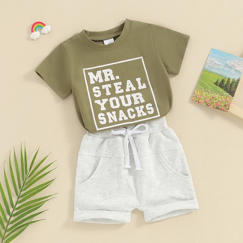 FOCUSNORM 0-3Y Toddler Baby Boys Summer Clothes Sets 2pcs Short Sleeve Letter Print Tops + Elastic Waist Shorts