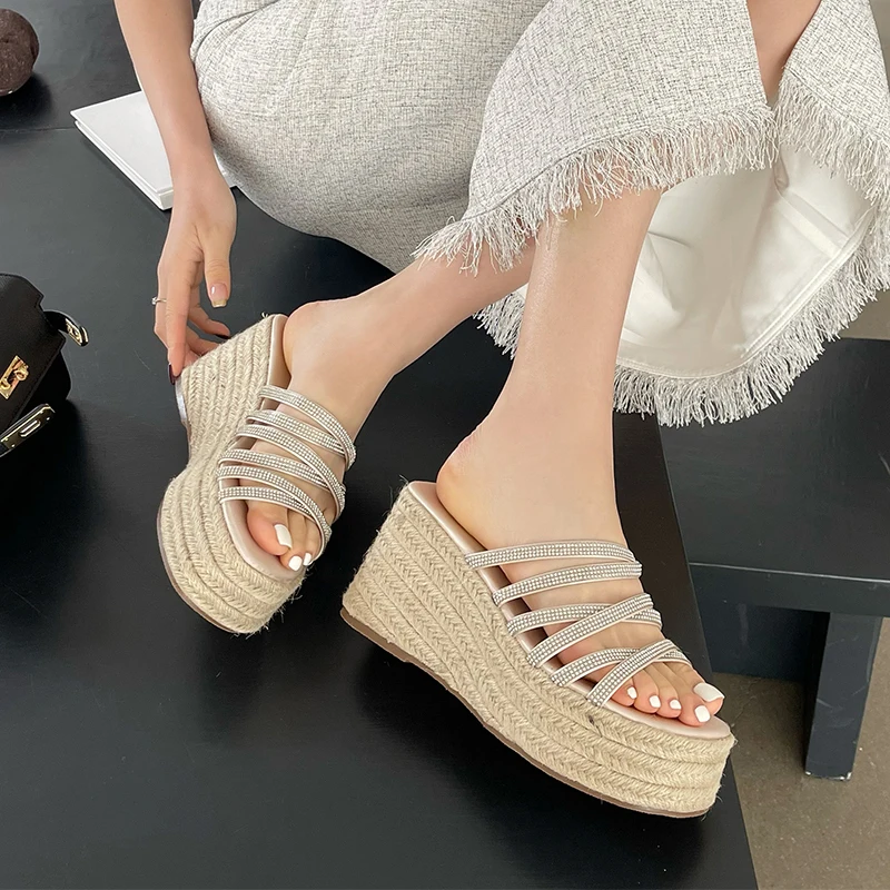 Platform Rattan Grass Woven Wedges Women's Slippers Rhinestone Strap Hollow Summer Slip On Slides Muller Shoes For Women Big 42
