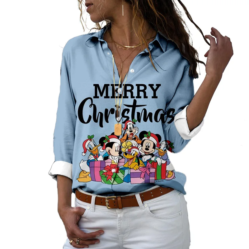 

Disney Minnie Mickey Fall Christmas Tree Print Long Sleeve Shirt Winter Women's Christmas Top Casual Loose Button Elegant Shirt