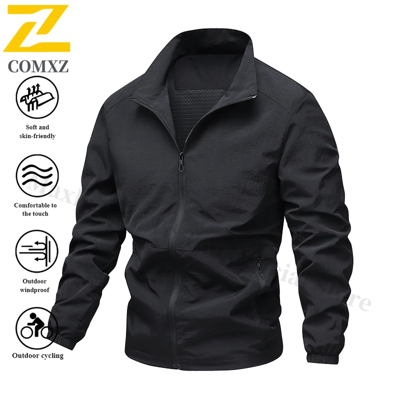 COMXZ Men's Lightweight Windbreaker Jacket for Outdoor Hiking Camping - Breathable Stand Collar Loose Fit Spring Autumn Coat