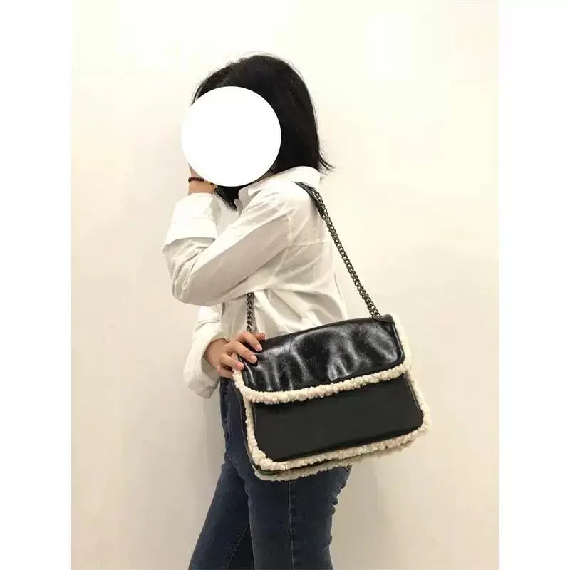 JIAERDI Retro Cute Faux Lambswool Handbag Women Patchwork Leather Large Capacity Shoulder Bag Ladies Chain Commute Crossbody Bag