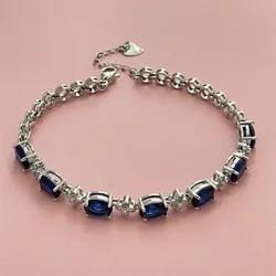 Elegant Blue Gemstone Crystal Sterling Silver Bracelet - Luxury Birthday Jewelry Gift (Silver)