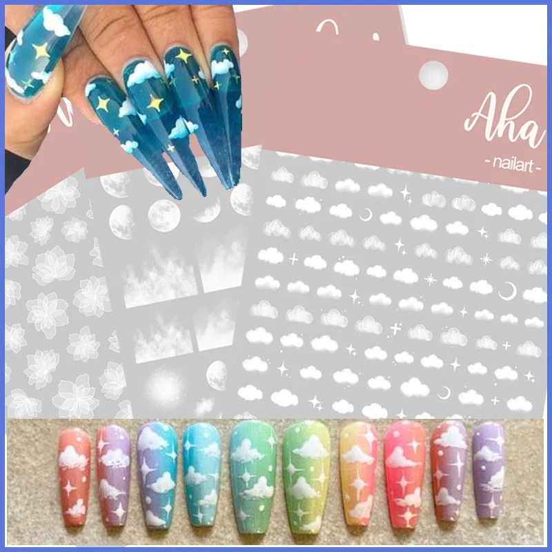 

3D Sky White Cloud Stickers For Nail Decals White Flowers Moon Star Embossed Flowers Design Adhesive Slider DIY Nail Stickers 7#