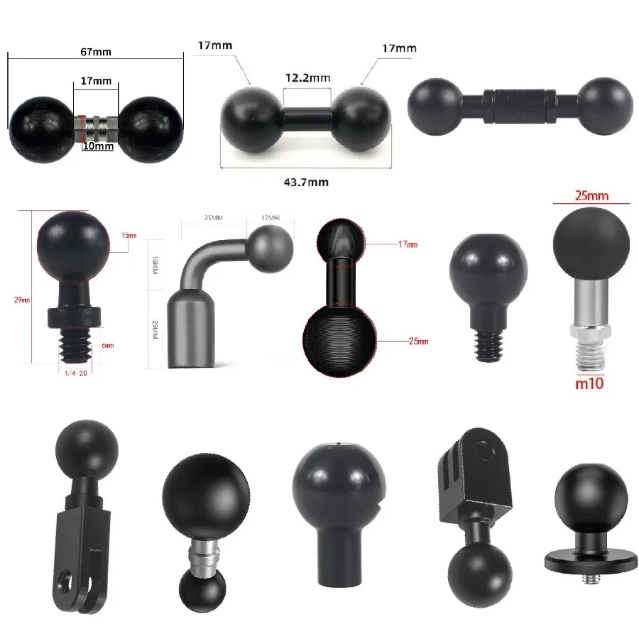 15mm 17mm 25mm Ball Head Adapter Mount to 1/4" Screw (Hole) for Gopro11 Insta360 X3 Camera Light Bracket Phone Stand GPS Holder