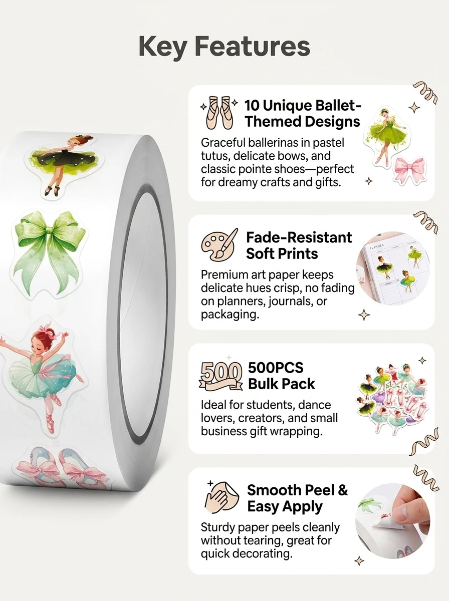1 롤 (500 개) Kawaii 발레 테마 춤추는 소녀 패턴 스티커 2.5cm/1.0 ''10 디자인 데칼 Diy 장식 선물 라벨 홈 장식