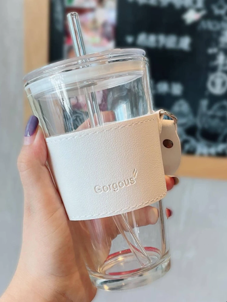 Vaso De Cristal Con Tapa Y Pajita - 400ml, Diseño Antideslizante, Incluye Pajitas De Vidrio Y Silicona, Apto Lavavajillas