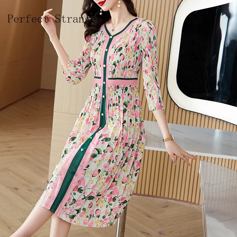 

Женское плиссированное платье Sanzhai, однобортное облегающее платье средней длины с цветочным принтом, V-образным вырезом и поясом на талии, осень 2024