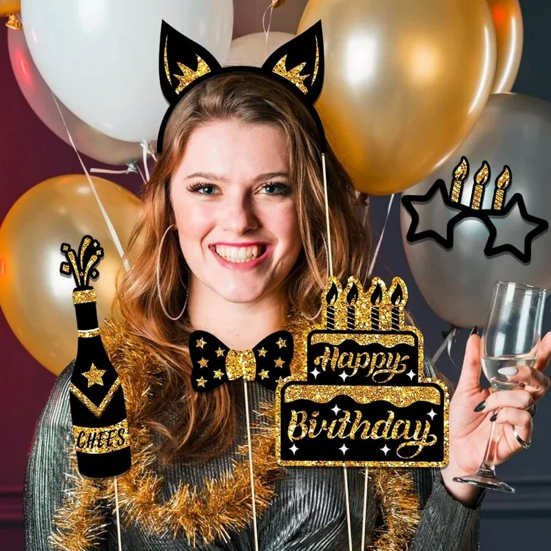 2025 Happy New Year Black Gold Black Silver Paper Handheld Party Photography Supplies Decorations Photobooth Selfie Prop 36PCS