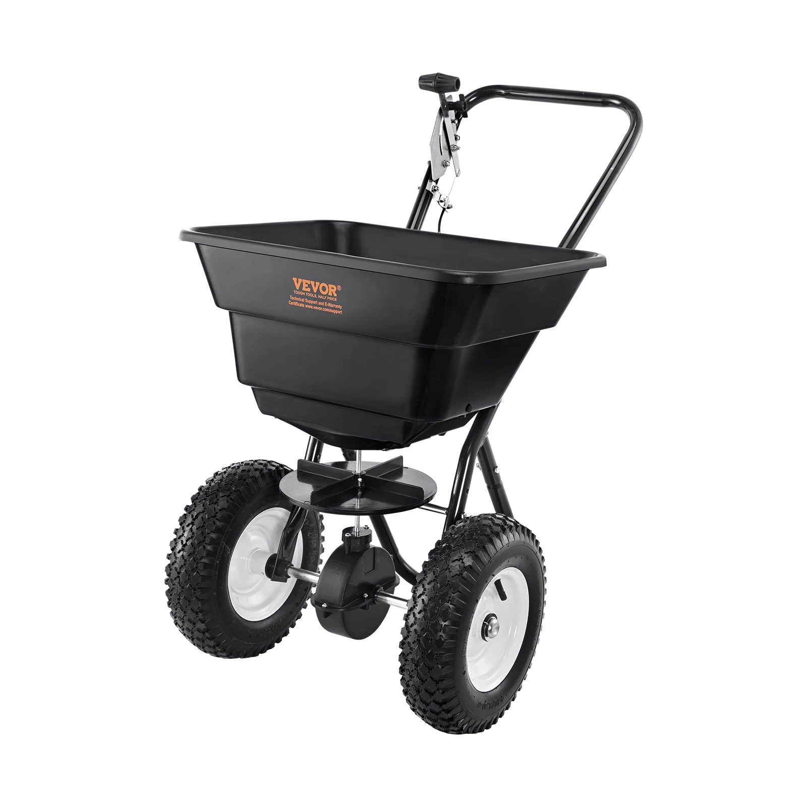 VEVOR Broadcast Spreader 100 LB 10inch Wheels Steel Spike Aerator For Residential Farm Tough Terrain Black