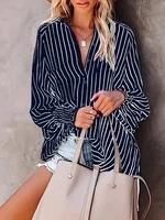 Women's Plus Size 1XL-5XL Casual Striped Breathable Long Sleeve Blouse Shirt Ladies Fashion V-neck Button-down Loose Shirt Top - Image 2