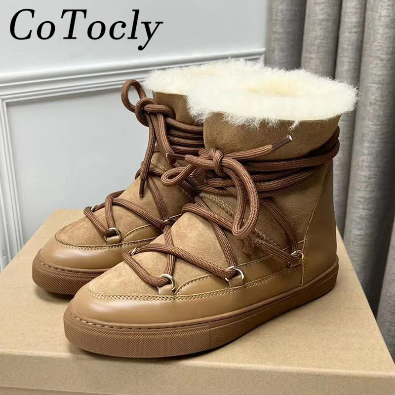 

Winter Fur Snow Boots Woman Cow Suede Patchwork Short Boots Round Toe Lace Up Flat Shoes Women Wool Warm Ankle Boots For Women