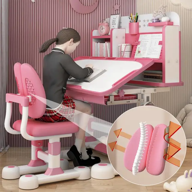 Kids Study Desk Chair Set, Height Adjustable Children School Study Table Chair Set with Sitting Corrector(Pink, Blue)