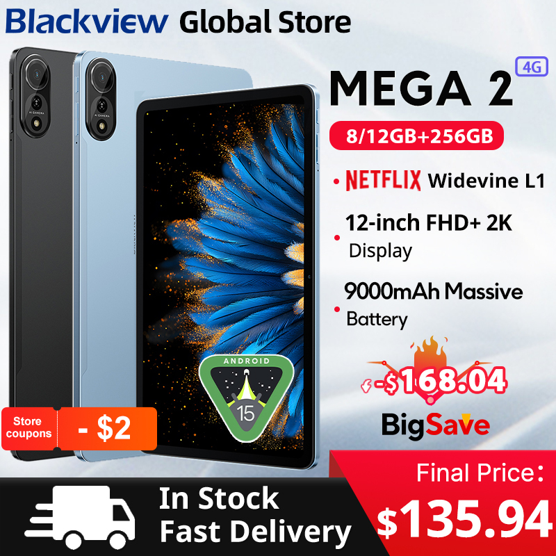 Blackview MEGA 2 Tablets 12 inch 2K Display Widevine L1 24GB(8+16) Android 15 256GB 9000mAh AI Main Camera Pad PC