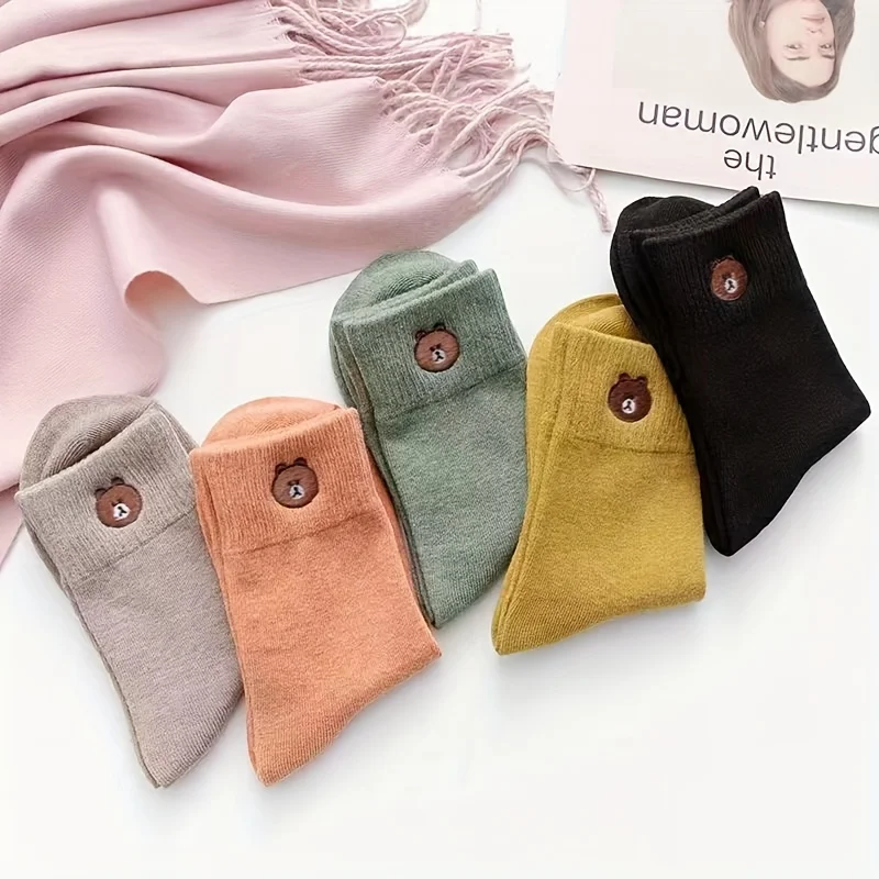 10pcs/5 Pairs  Comfortable Bear PatternWoman Mid Calf Socks - Soft and Warm Socks, Mid Socks, Sports Socks, Machine Washable