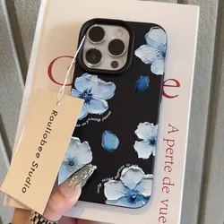 Elegant Blue Oil Painting Flower Phone Case - Faux Leather Cover - iPhone 15 Plus (Black - YYDSW896)